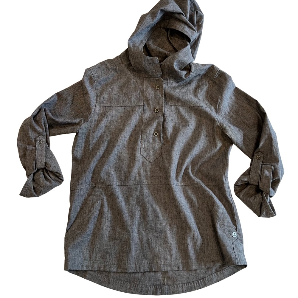 Prana Gray Button Hooded Shirt Tunic Top Women's Size‎ S Roll Tab Sleeves